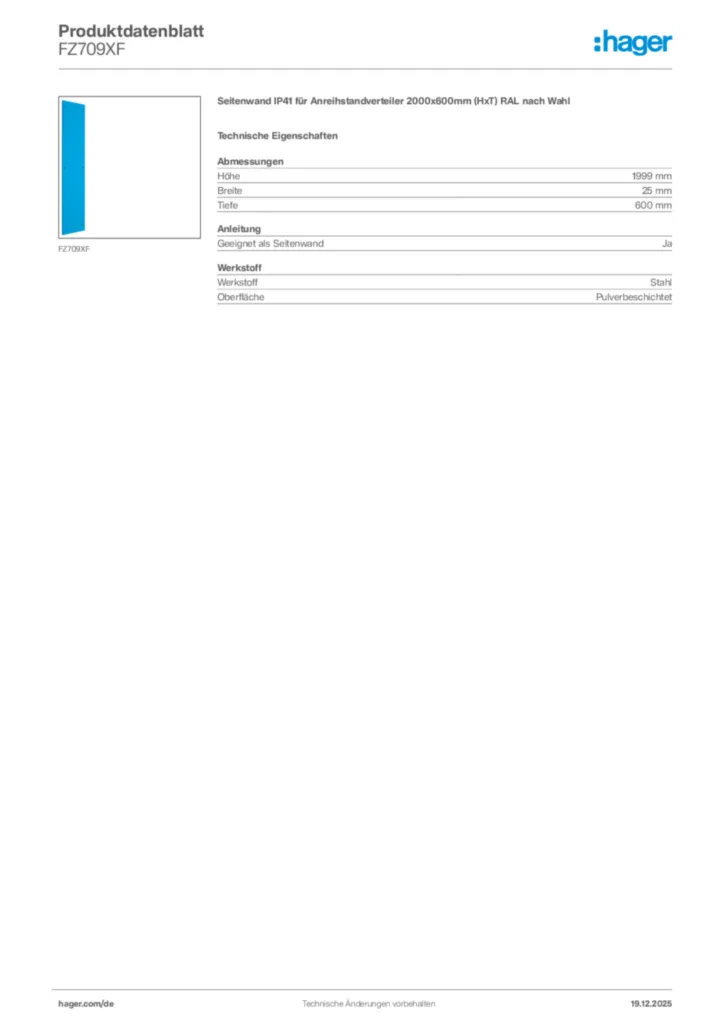 Bild Hager Produktdatenblatt FZ709XF | Hager Deutschland