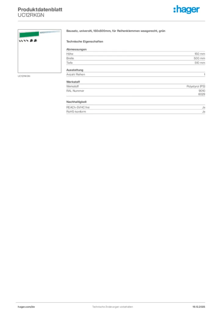 Bild Hager Produktdatenblatt UC12RKGN | Hager Deutschland