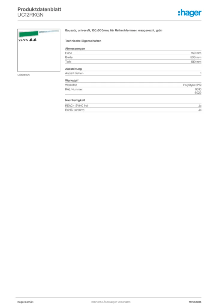 Bild Hager Produktdatenblatt UC12RKGN | Hager Deutschland