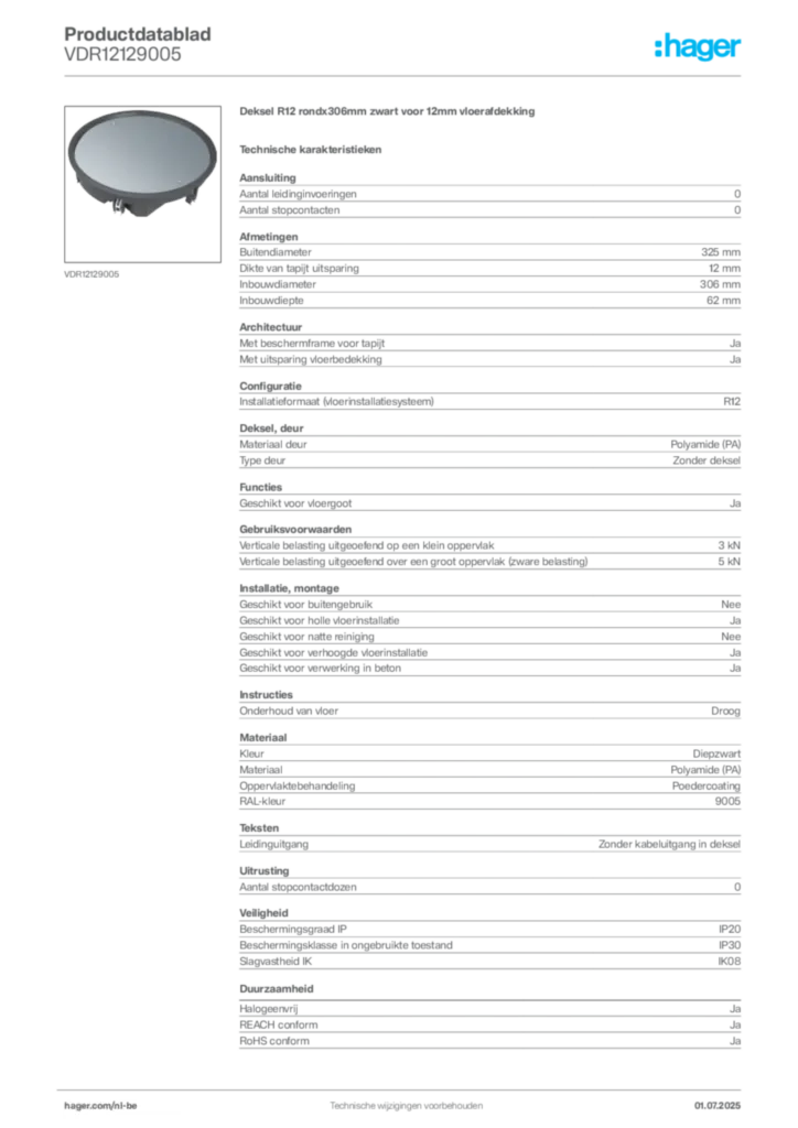 Afbeelding Hager Productdatablad VDR12129005 | Hager Belgium