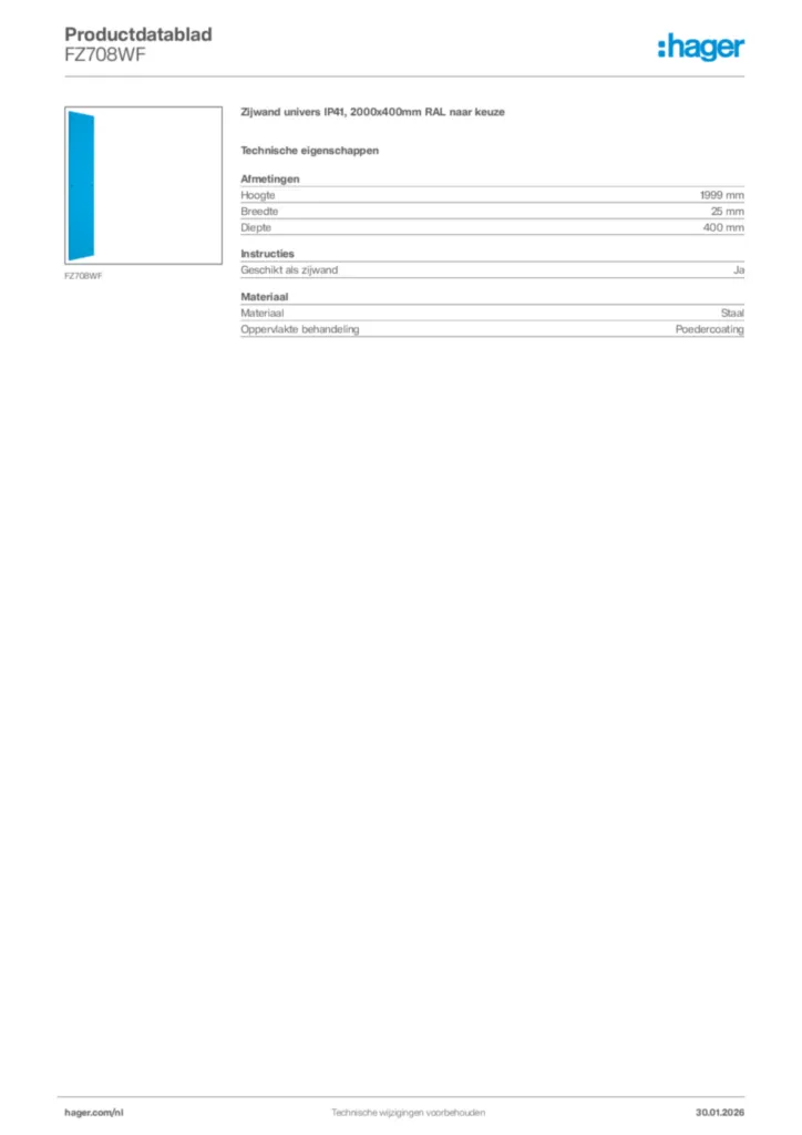 Afbeelding Hager Productdatablad FZ708WF | Hager Nederland