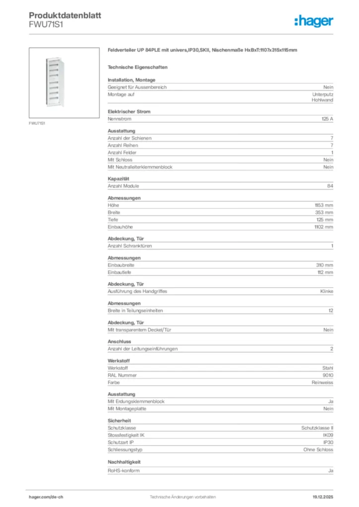 Bild Hager Produktdatenblatt FWU71S1 | Hager Schweiz
