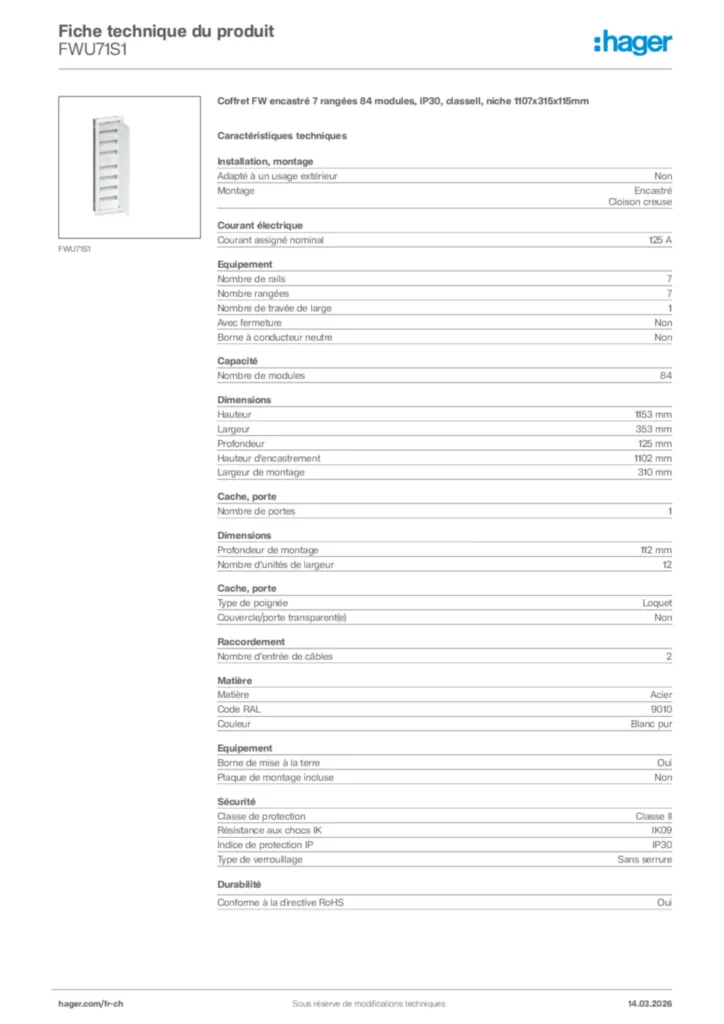 Image Hager Fiche technique du produit FWU71S1 | Hager Suisse