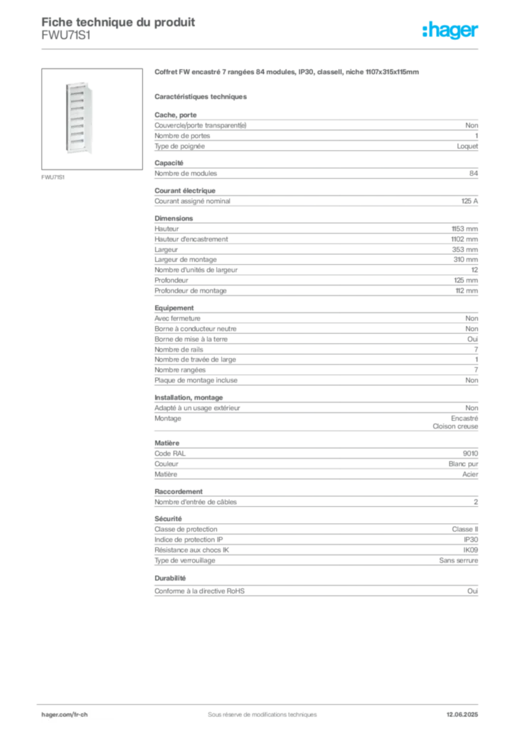 Image Hager Fiche technique du produit FWU71S1 | Hager Suisse