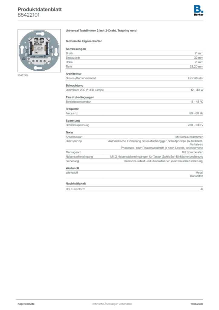 Bild Berker Produktdatenblatt 85422101 | Hager Deutschland