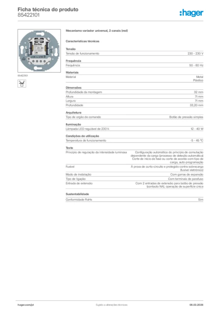 Imagem Hager Ficha técnica do produto 85422101 | Hager Portugal