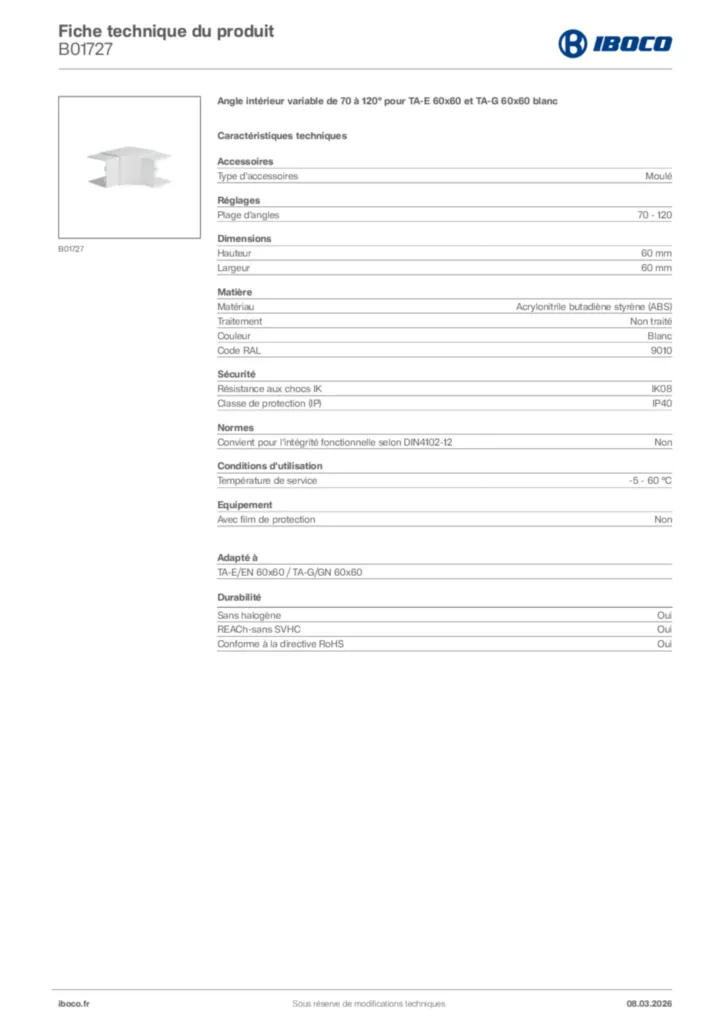 Image Iboco Fiche technique du produit B01727 | Hager France