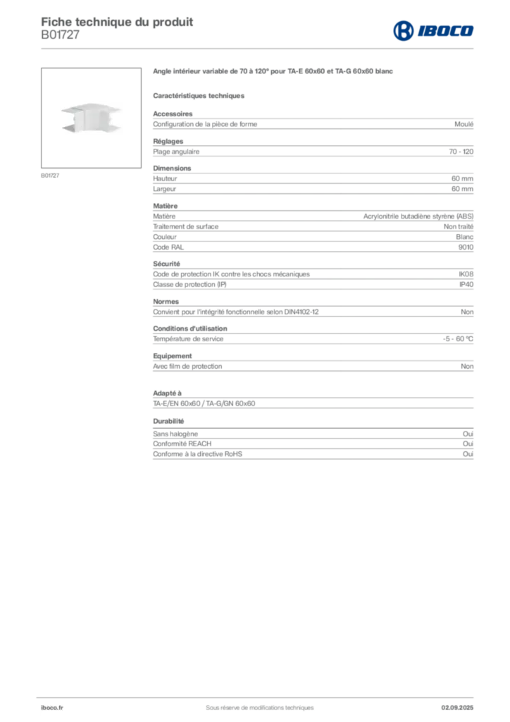 Image Iboco Fiche technique du produit B01727 | Hager France