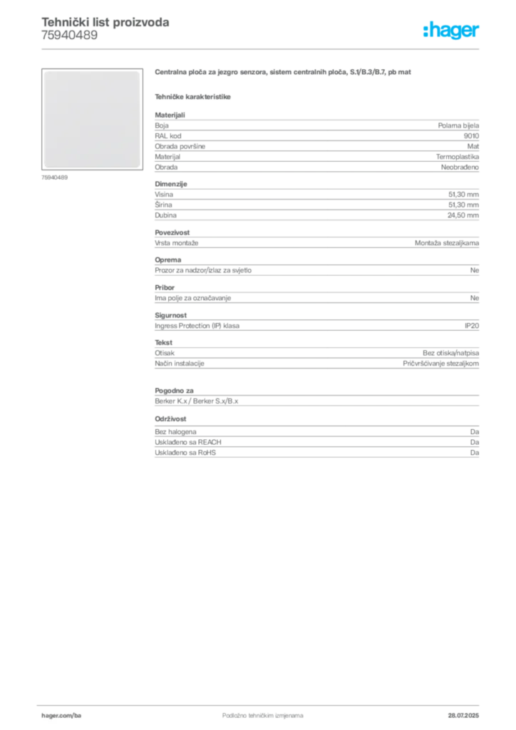 Slika Hager Product data sheet 75940489  | Hager