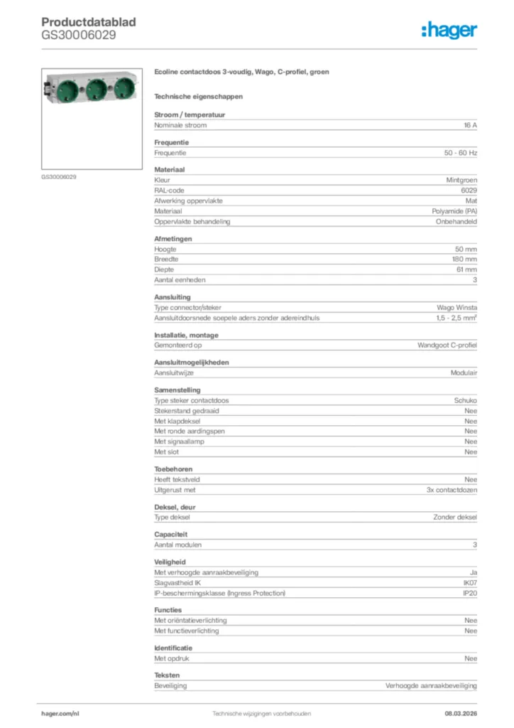 Afbeelding Hager Productdatablad GS30006029 | Hager Nederland