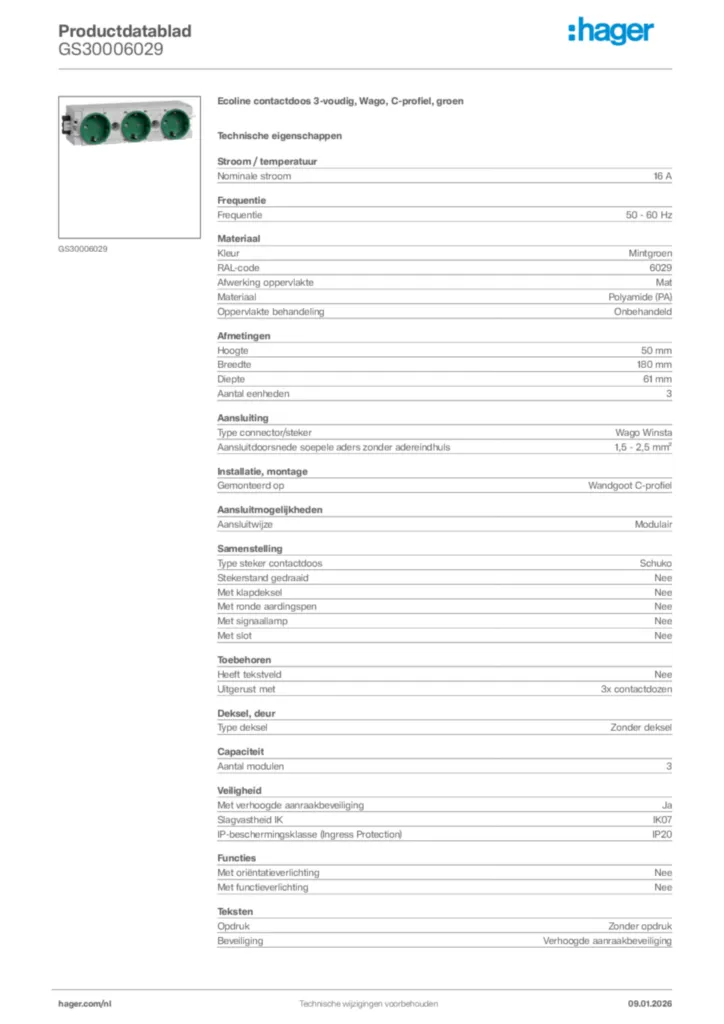 Afbeelding Hager Productdatablad GS30006029 | Hager Nederland