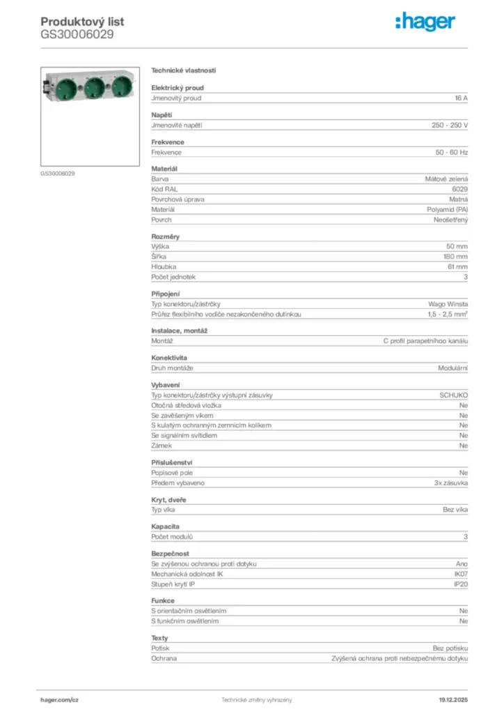 Obrázek Hager Produktový list GS30006029 | Hager