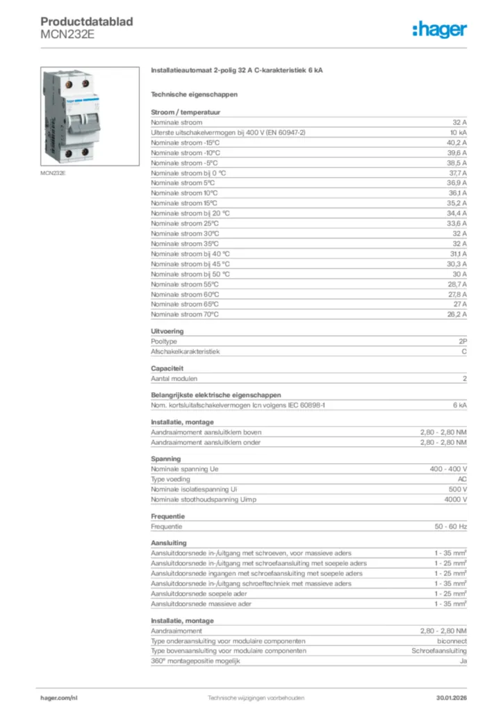 Afbeelding Hager Productdatablad MCN232E | Hager Nederland