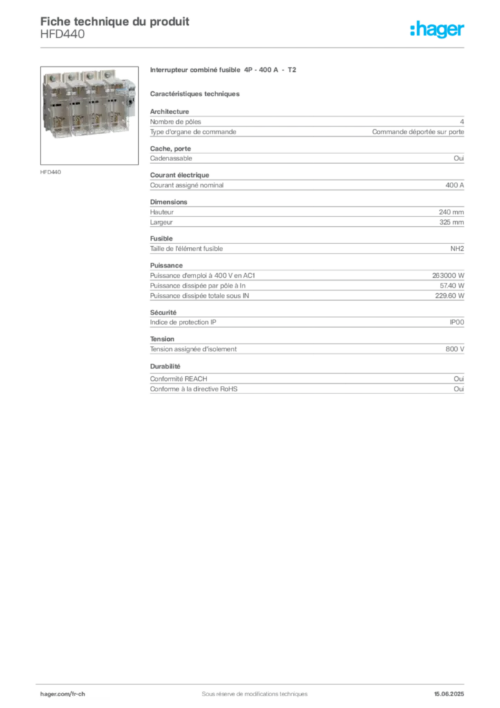 Image Hager Fiche technique du produit HFD440 | Hager Suisse