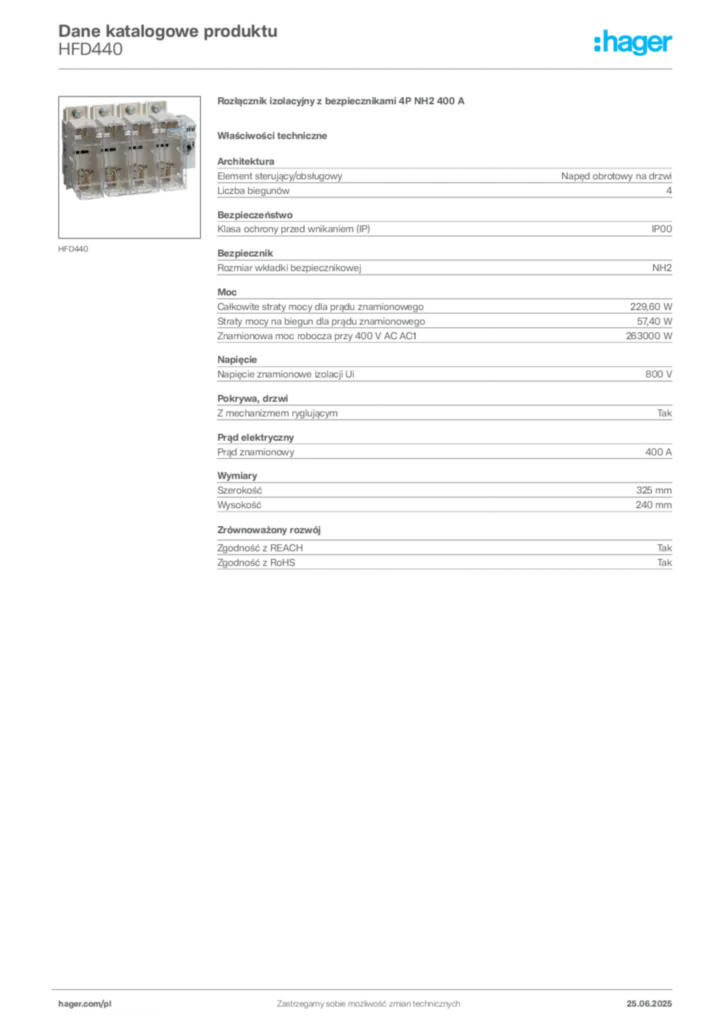 Zdjęcie Hager Karta katalogowa HFD440 | Hager Polska