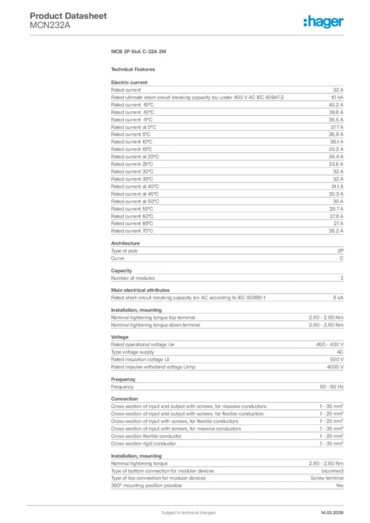 Image Hager Product data sheet MCN232A  | Hager Africa