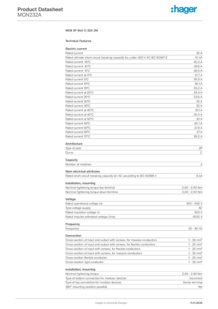 Image Hager Product data sheet MCN232A  | Hager Africa