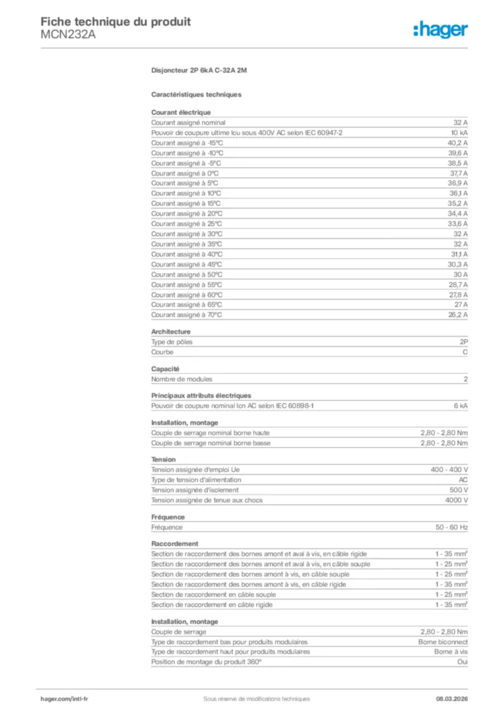 Image Hager Fiche technique du produit MCN232A | Hager Afrique