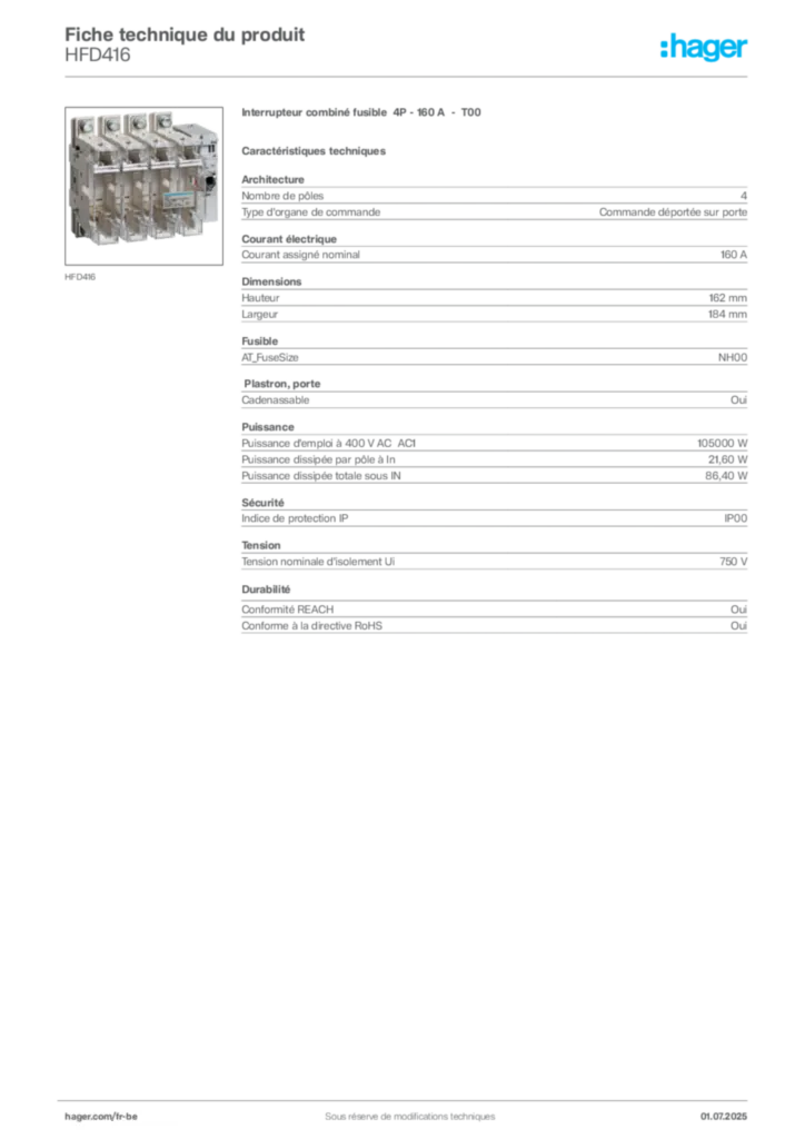 Image Hager Fiche technique du produit HFD416 | Hager Belgique