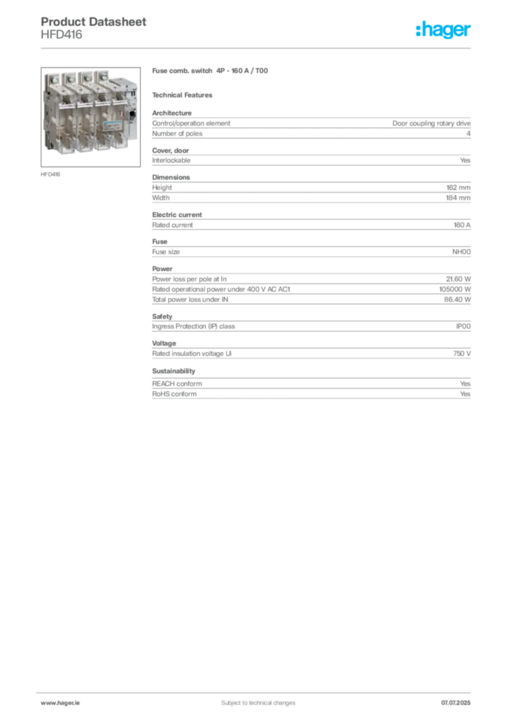 Image Hager Product data sheet HFD416  | Hager