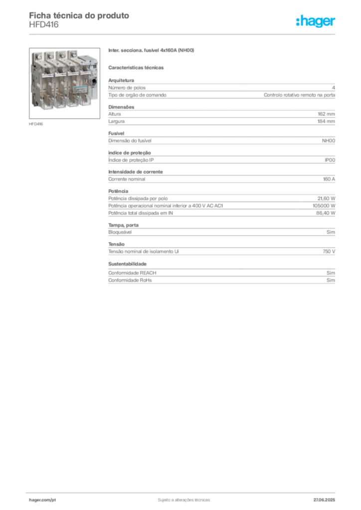 Imagem Hager Ficha técnica do produto HFD416 | Hager Portugal