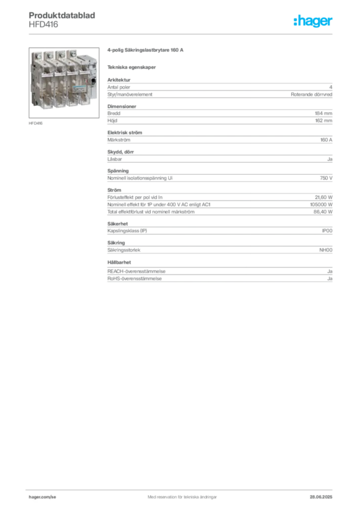 Bild Hager Produktdatablad HFD416 | Hager Sverige