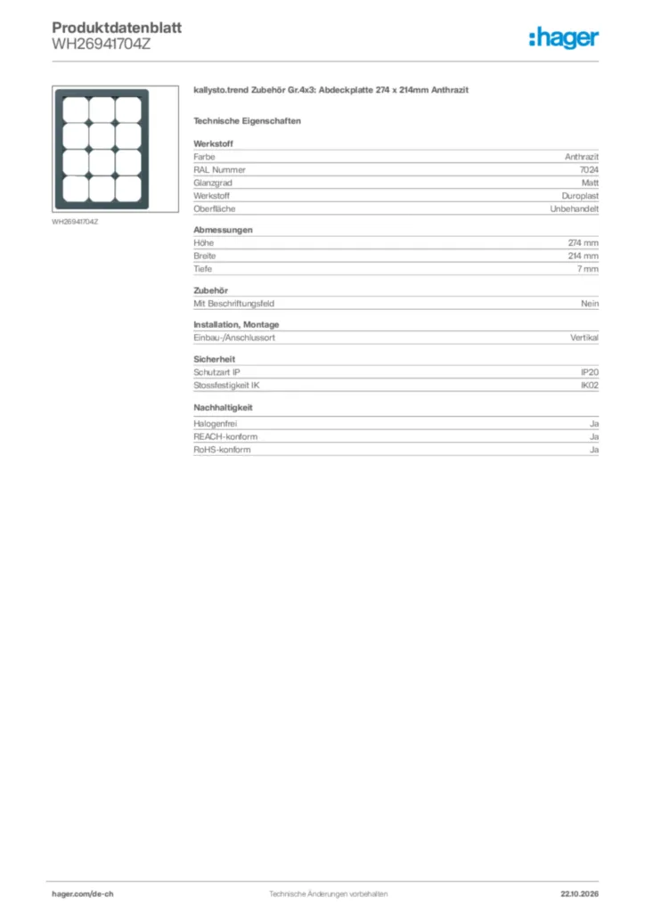 Bild Hager Produktdatenblatt WH26941704Z | Hager Schweiz