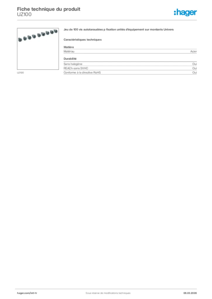 Image Hager Fiche technique du produit UZ100 | Hager Afrique