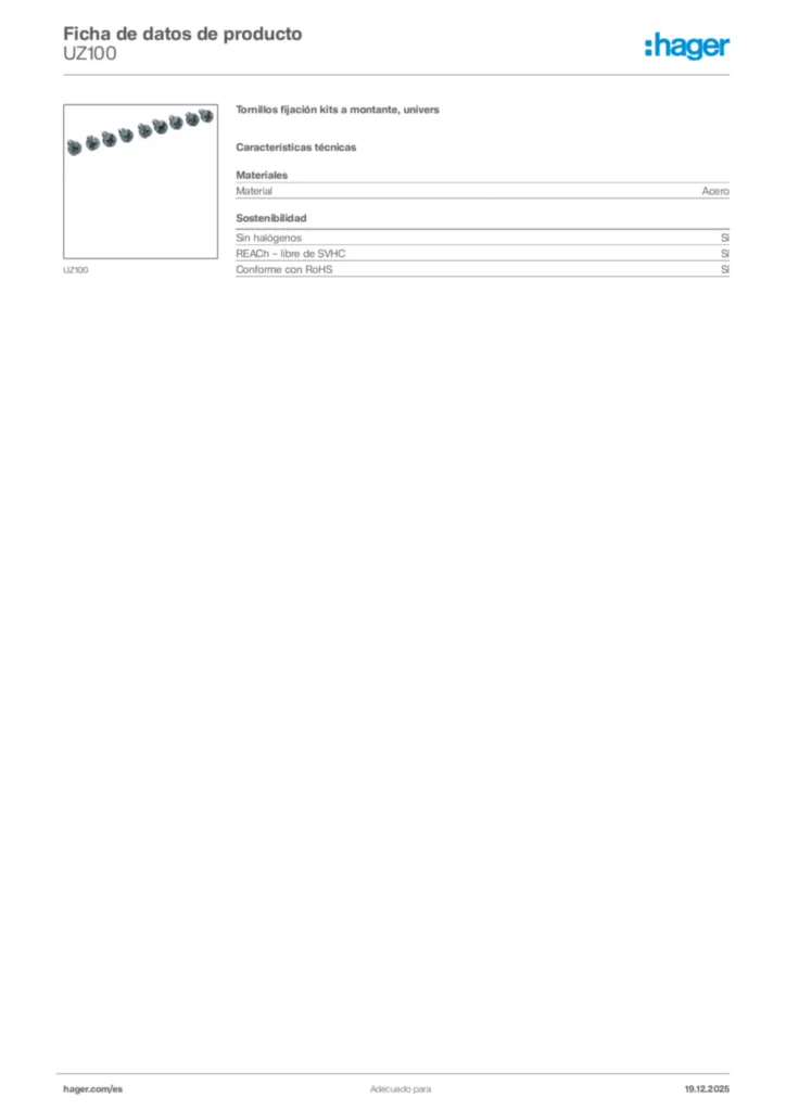 Imagen Hager Ficha de datos de producto UZ100 | Hager España