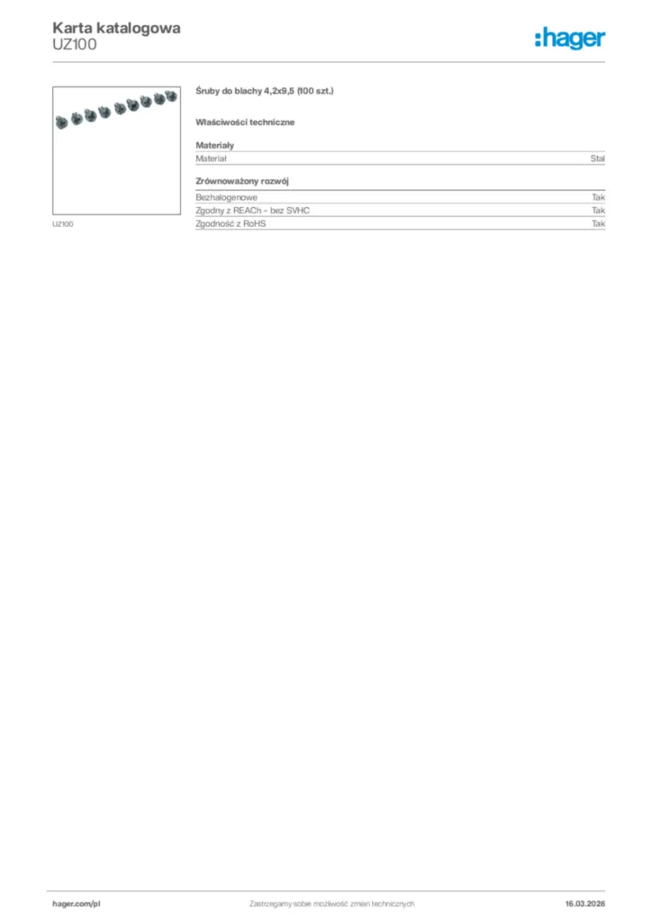 Zdjęcie Hager Karta katalogowa UZ100 | Hager Polska