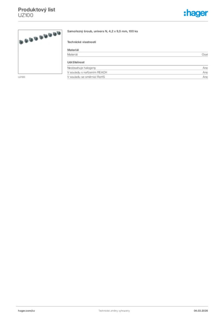 Obrázek Hager Product data sheet UZ100 | Hager