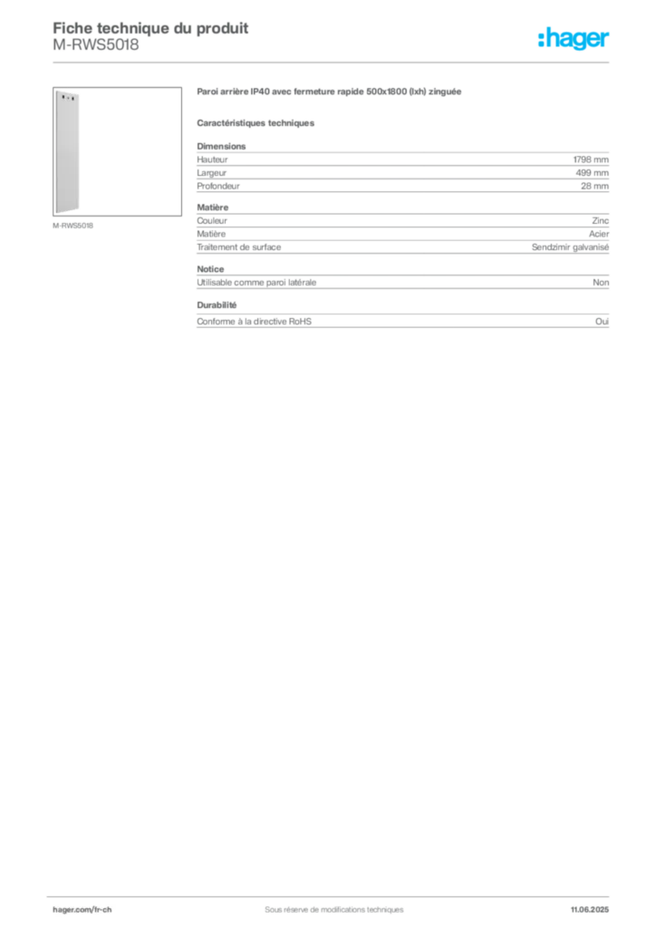 Image Hager Fiche technique du produit M-RWS5018 | Hager Suisse