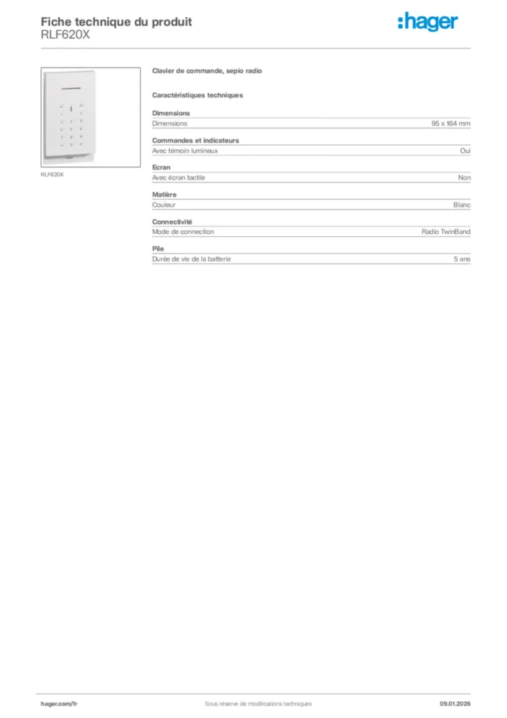 Image Hager Fiche technique du produit RLF620X | Hager France