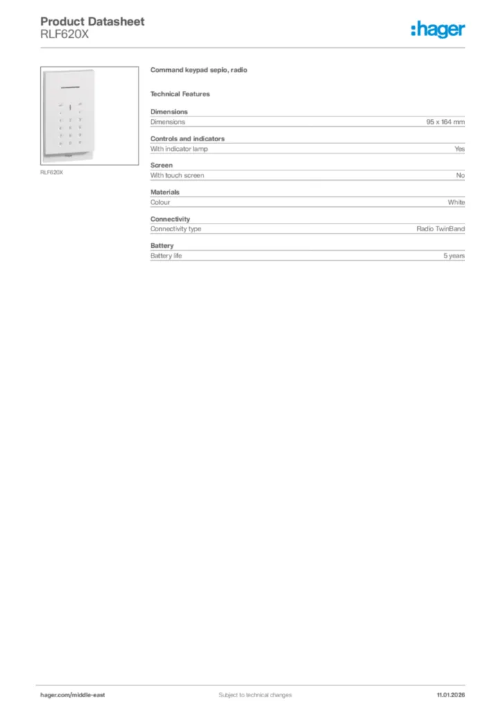 Image Hager Product data sheet RLF620X  | Hager