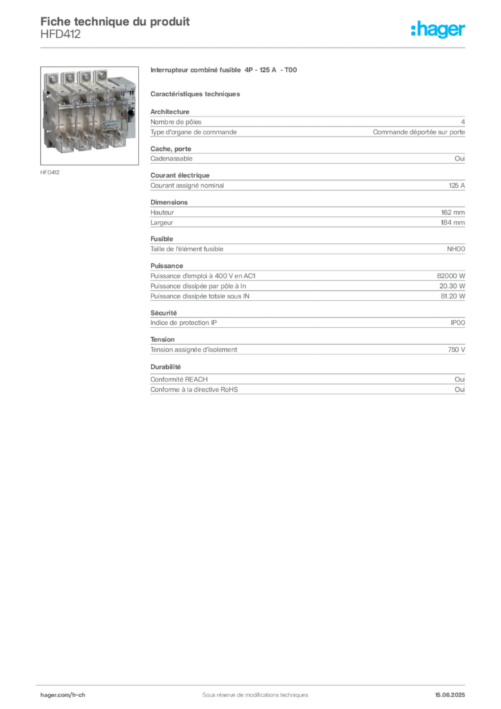 Image Hager Fiche technique du produit HFD412 | Hager Suisse
