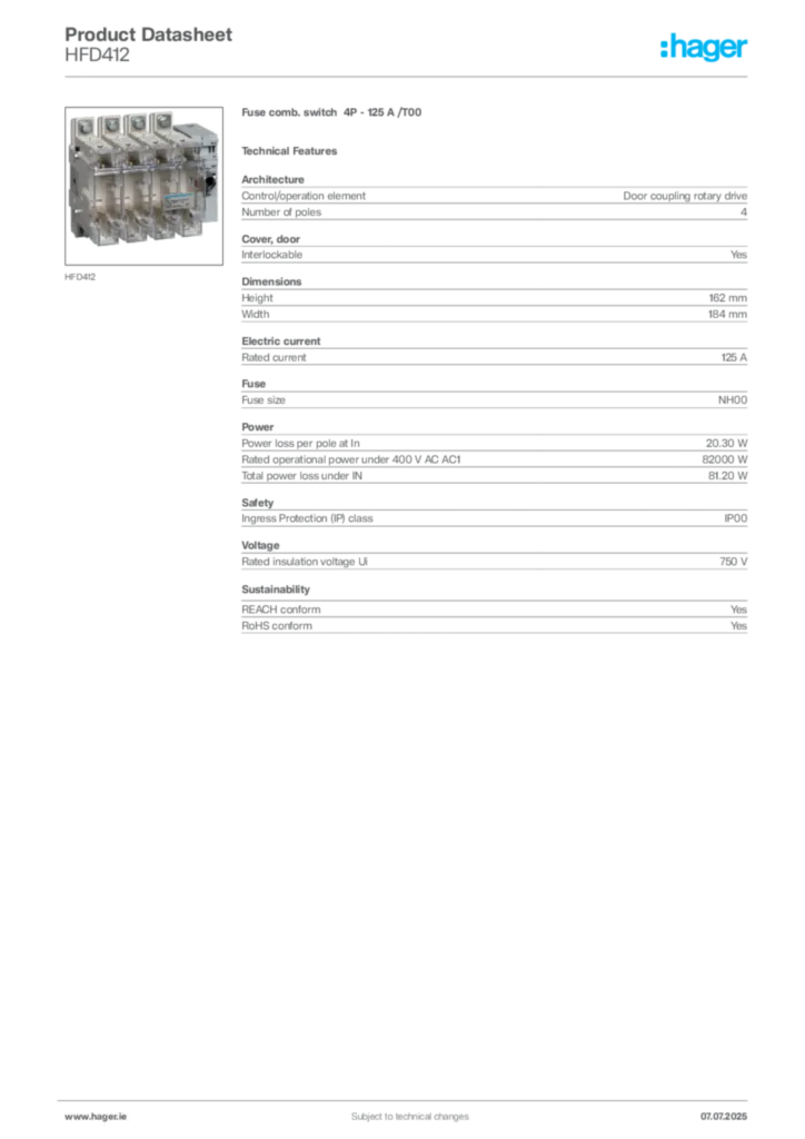 Image Hager Product data sheet HFD412  | Hager