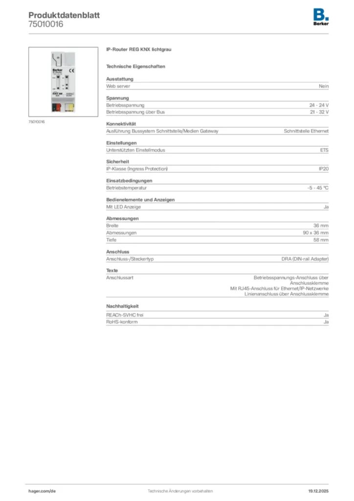 Bild Berker Produktdatenblatt 75010016 | Hager Deutschland