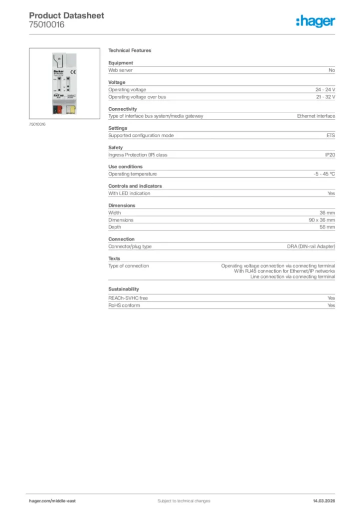 Image Hager Product data sheet 75010016  | Hager