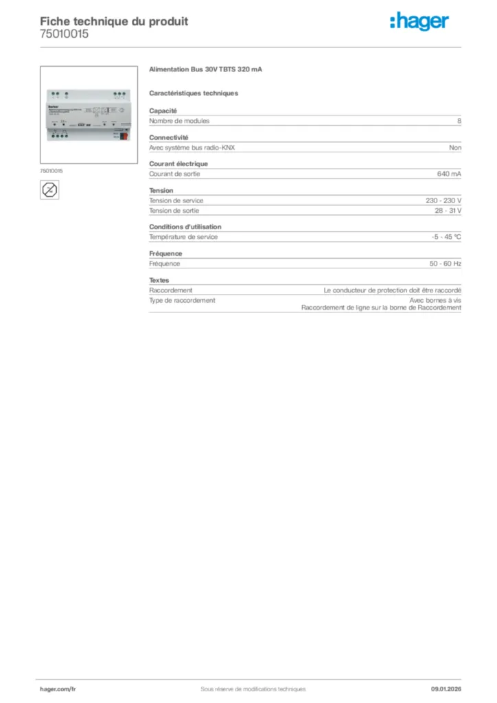 Image Hager Fiche technique du produit 75010015 | Hager France