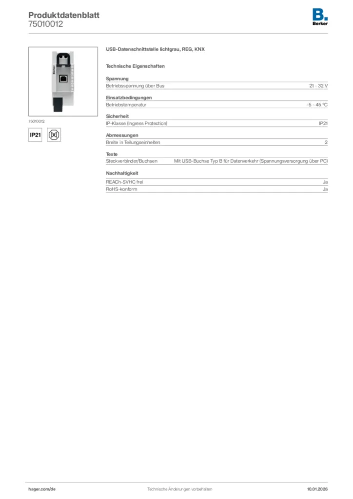 Bild Berker Produktdatenblatt 75010012 | Hager Deutschland