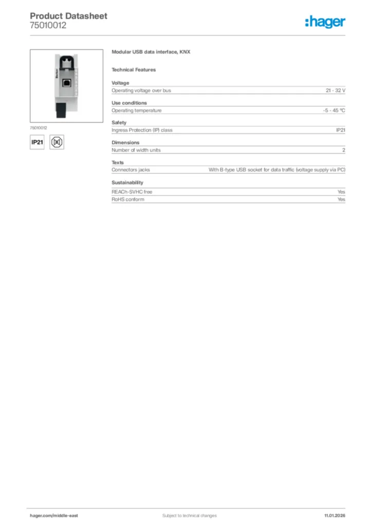 Image Hager Product data sheet 75010012  | Hager