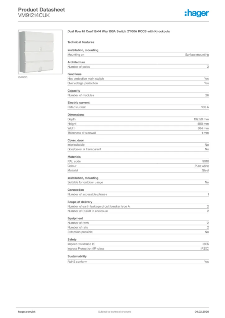 Image Hager Product data sheet VM91214CUK  | Hager