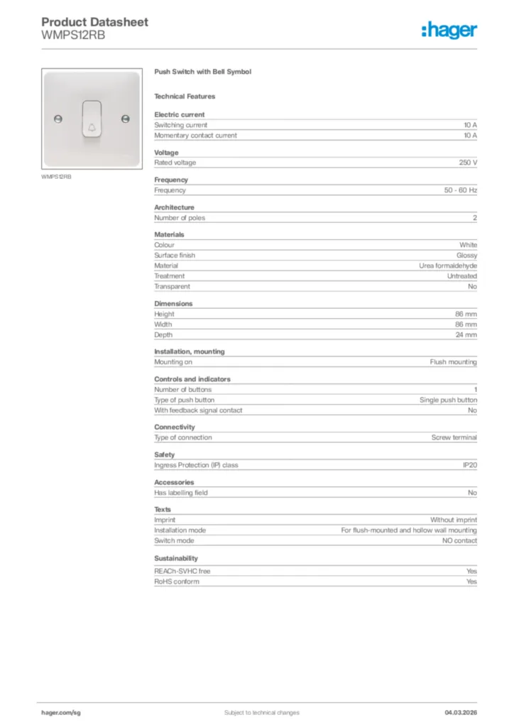 Image Hager Product data sheet WMPS12RB  | Hager
