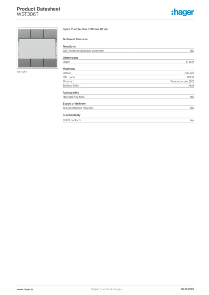 Image Hager Product data sheet WST306T  | Hager