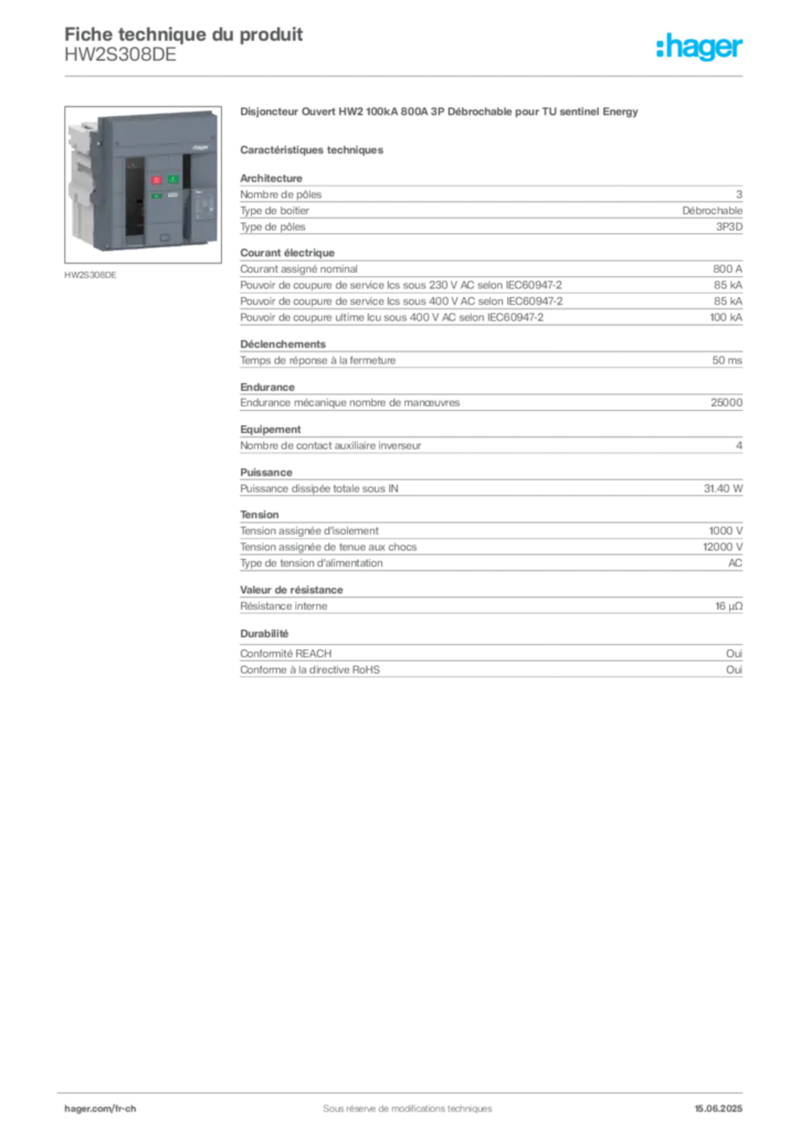 Image Hager Fiche technique du produit HW2S308DE | Hager Suisse