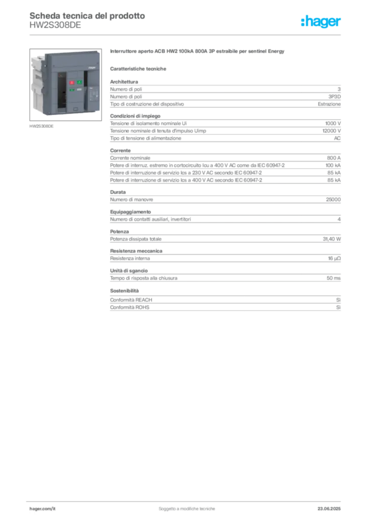Immagine Hager Scheda tecnica del prodotto HW2S308DE | Hager Italia