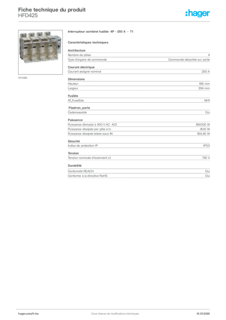 Image Hager Fiche technique du produit HFD425 | Hager Belgique