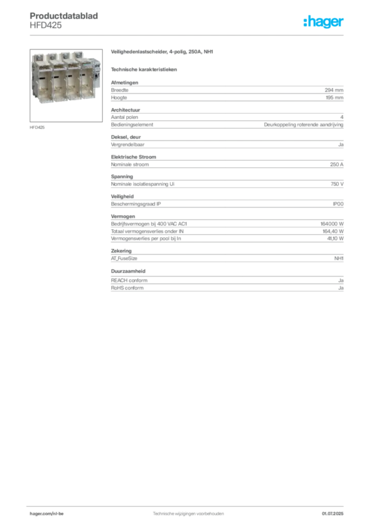 Afbeelding Hager Productdatablad HFD425 | Hager Belgium