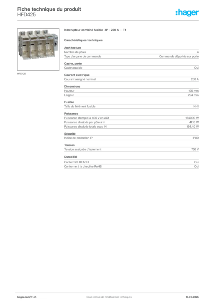 Image Hager Fiche technique du produit HFD425 | Hager Suisse