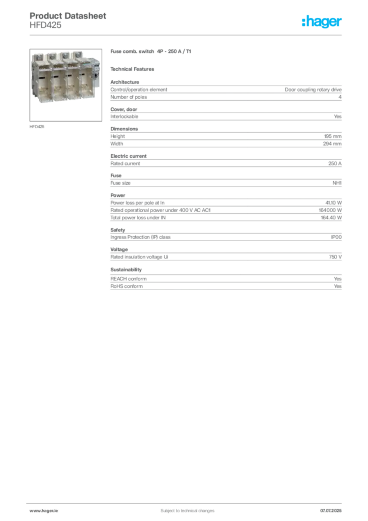 Image Hager Product data sheet HFD425  | Hager